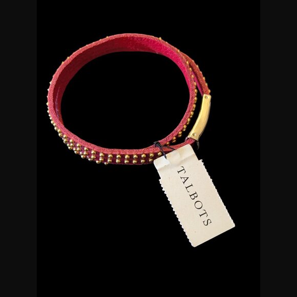 Talbots Red Leather Gold Tone Studded Size 7" Double Wrap Bracelet NWT - Picture 2 of 5